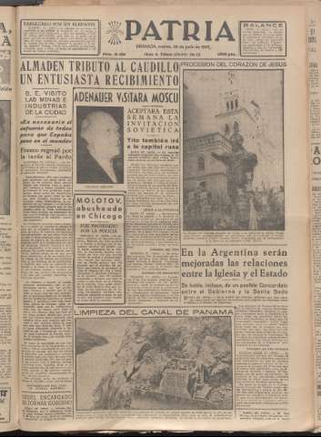 'Patria : diario de Falange Española Tradicionalista y de las J.O.N.S.' - Año XX Número 6182 - 1955 junio 28