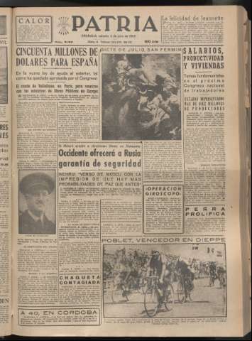 'Patria : diario de Falange Española Tradicionalista y de las J.O.N.S.' - Año XX Número 6192 - 1955 julio 9