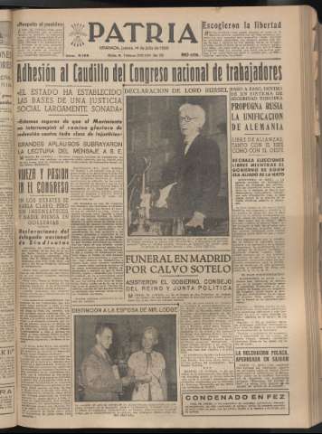'Patria : diario de Falange Española Tradicionalista y de las J.O.N.S.' - Año XX Número 6196 - 1955 julio 14