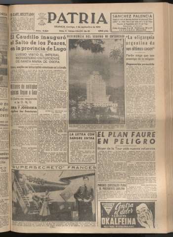 'Patria : diario de Falange Española Tradicionalista y de las J.O.N.S.' - Año XX Número 6231 - 1955 septiembre 4