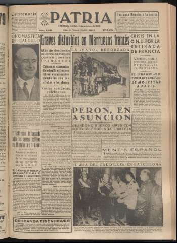 'Patria : diario de Falange Española Tradicionalista y de las J.O.N.S.' - Año XX Número 6256 - 1955 octubre 4
