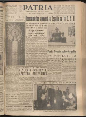 'Patria : diario de Falange Española Tradicionalista y de las J.O.N.S.' - Año XX Número 6263 - 1955 octubre 12
