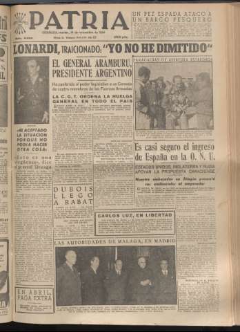 'Patria : diario de Falange Española Tradicionalista y de las J.O.N.S.' - Año XX Número 6292 - 1955 noviembre 15