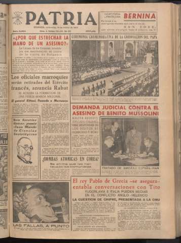 'Patria : diario de Falange Española Tradicionalista y de las J.O.N.S.' - Año XXI Número 6393 - 1956 marzo 14