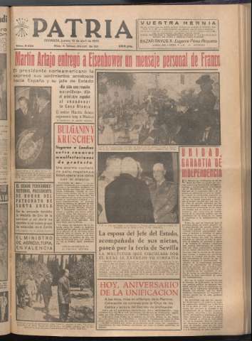 'Patria : diario de Falange Española Tradicionalista y de las J.O.N.S.' - Año XXI Número 6422 - 1956 abril 19