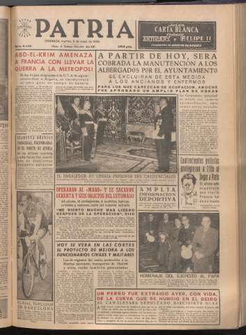 'Patria : diario de Falange Española Tradicionalista y de las J.O.N.S.' - Año XXI Número 6438 - 1956 mayo 8