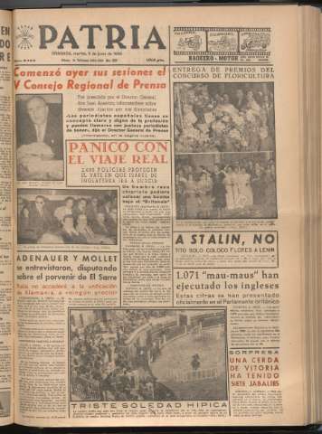 'Patria : diario de Falange Española Tradicionalista y de las J.O.N.S.' - Año XXI Número 6460 - 1956 junio 5