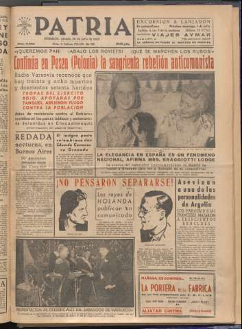 'Patria : diario de Falange Española Tradicionalista y de las J.O.N.S.' - Año XXI Número 6482 - 1956 junio 30