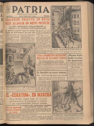'Patria : diario de Falange Española Tradicionalista y de las J.O.N.S.' - Año XXI Número 6492 - 1956 julio 12