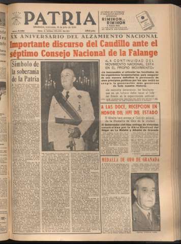 'Patria : diario de Falange Española Tradicionalista y de las J.O.N.S.' - Año XXI Número 6498 - 1956 julio 18