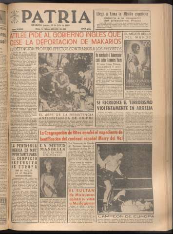 'Patria : diario de Falange Española Tradicionalista y de las J.O.N.S.' - Año XXI Número 6505 - 1956 julio 26