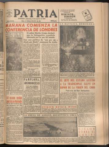 'Patria : diario de Falange Española Tradicionalista y de las J.O.N.S.' - Año XXI Número 6516 - 1956 agosto 15