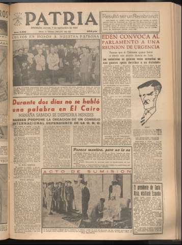 'Patria : diario de Falange Española Tradicionalista y de las J.O.N.S.' - Año XXI Número 6535 - 1956 septiembre 7