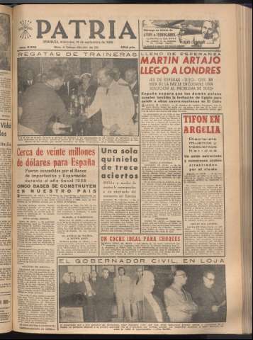 'Patria : diario de Falange Española Tradicionalista y de las J.O.N.S.' - Año XXI Número 6539 - 1956 septiembre 19