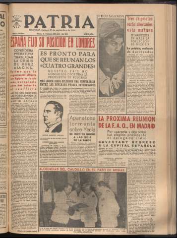 'Patria : diario de Falange Española Tradicionalista y de las J.O.N.S.' - Año XXI Número 6541 - 1956 septiembre 21