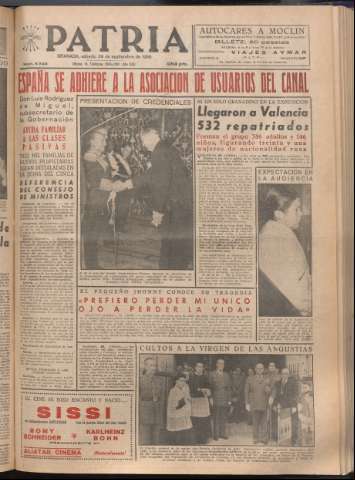 'Patria : diario de Falange Española Tradicionalista y de las J.O.N.S.' - Año XXI Número 6548 - 1956 septiembre 29