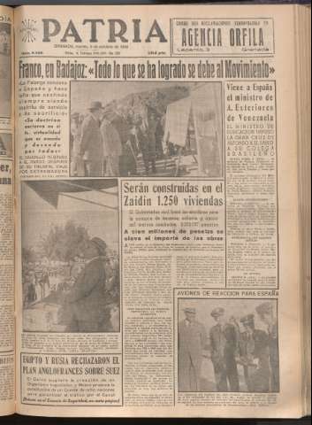 'Patria : diario de Falange Española Tradicionalista y de las J.O.N.S.' - Año XXI Número 6556 - 1956 octubre 9
