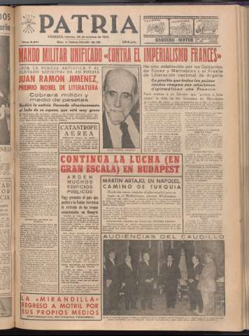 'Patria : diario de Falange Española Tradicionalista y de las J.O.N.S.' - Año XXI Número 6571 - 1956 octubre 26