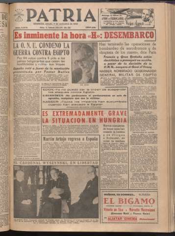 'Patria : diario de Falange Española Tradicionalista y de las J.O.N.S.' - Año XXI Número 6578 - 1956 noviembre 3
