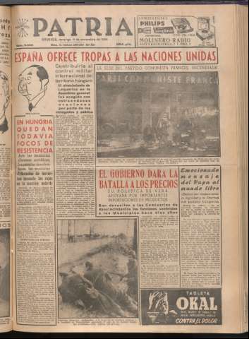 'Patria : diario de Falange Española Tradicionalista y de las J.O.N.S.' - Año XXI Número 6585 - 1956 noviembre 11