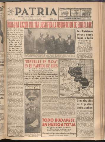 'Patria : diario de Falange Española Tradicionalista y de las J.O.N.S.' - Año XXI Número 6595 - 1956 noviembre 23