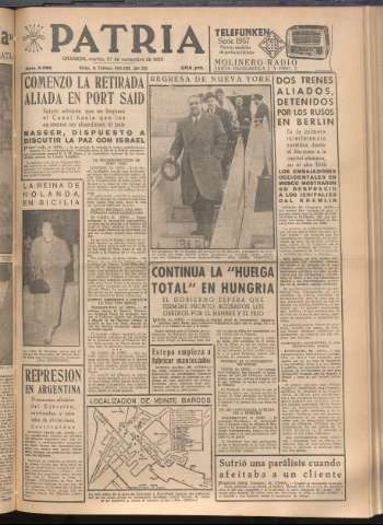 'Patria : diario de Falange Española Tradicionalista y de las J.O.N.S.' - Año XXI Número 6598 - 1956 noviembre 27