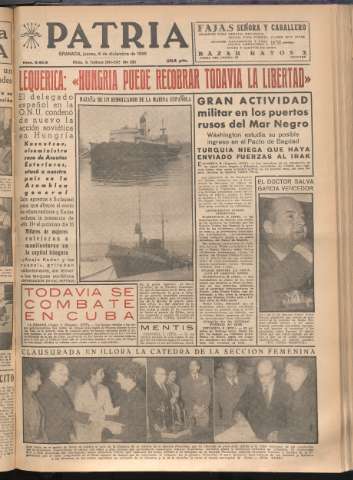 'Patria : diario de Falange Española Tradicionalista y de las J.O.N.S.' - Año XXI Número 6606 - 1956 diciembre 6