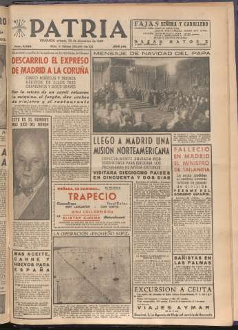 'Patria : diario de Falange Española Tradicionalista y de las J.O.N.S.' - Año XXI Número 6625 - 1956 diciembre 29
