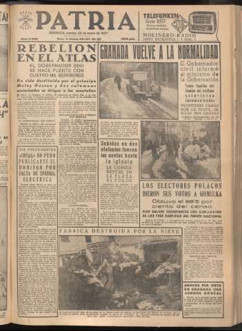 'Patria : diario de Falange Española Tradicionalista y de las J.O.N.S.' - Año XXII Número 6645 - 1957 enero 22