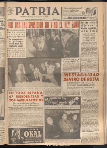 'Patria : diario de Falange Española Tradicionalista y de las J.O.N.S.' - Año XXII Número 6668 - 1957 febrero 17