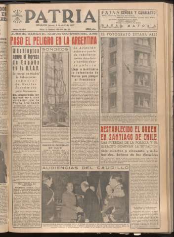 'Patria : diario de Falange Española Tradicionalista y de las J.O.N.S.' - Año XXII Número 6707 - 1957 abril 4