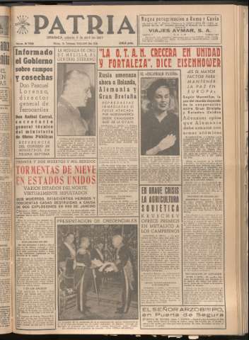 'Patria : diario de Falange Española Tradicionalista y de las J.O.N.S.' - Año XXII Número 6709 - 1957 abril 6