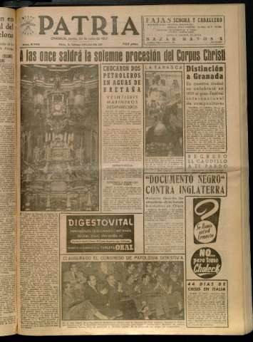 'Patria : diario de Falange Española Tradicionalista y de las J.O.N.S.' - Año XXII Número 6772 - 1957 junio 20