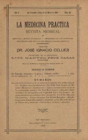 'La Medicina práctica revista mensual de medicina, cirugía, farmacia y defensora de los intereses profesionales de la clase médica y farmacéutica' - Año V Número 49 - 1906 marzo 15