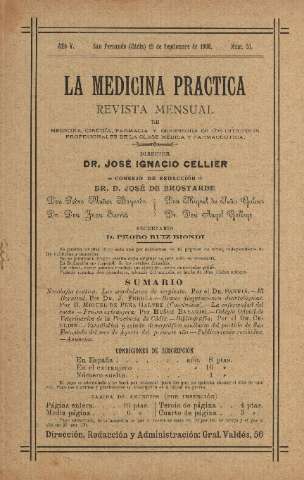'La Medicina práctica revista mensual de medicina, cirugía, farmacia y defensora de los intereses profesionales de la clase médica y farmacéutica' - Año V Número 55 - 1906 septiembre 15