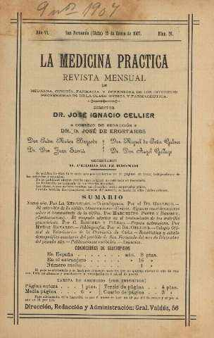 'La Medicina práctica revista mensual de medicina, cirugía, farmacia y defensora de los intereses profesionales de la clase médica y farmacéutica' - Año VI Número 59 - 1907 enero 15