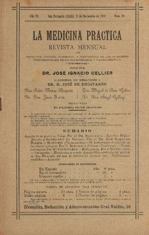 'La Medicina práctica revista mensual de medicina, cirugía, farmacia y defensora de los intereses profesionales de la clase médica y farmacéutica' - Año VI Número 69 - 1907 noviembre 15