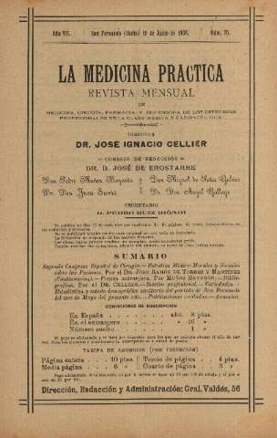 'La Medicina práctica revista mensual de medicina, cirugía, farmacia y defensora de los intereses profesionales de la clase médica y farmacéutica' - Año VII Número 76 - 1908 junio 15