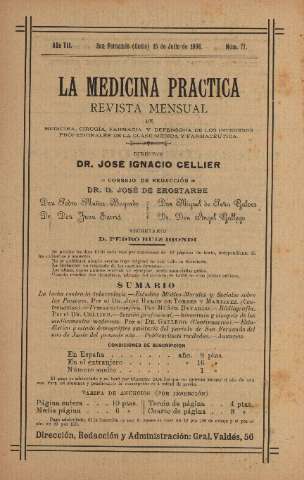 'La Medicina práctica revista mensual de medicina, cirugía, farmacia y defensora de los intereses profesionales de la clase médica y farmacéutica' - Año VII Número 77 - 1908 julio 15