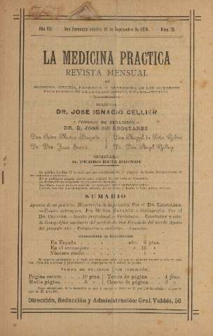 'La Medicina práctica revista mensual de medicina, cirugía, farmacia y defensora de los intereses profesionales de la clase médica y farmacéutica' - Año VII Número 79 - 1908 septiembre 15