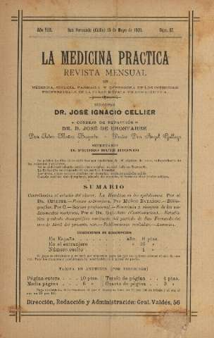 'La Medicina práctica revista mensual de medicina, cirugía, farmacia y defensora de los intereses profesionales de la clase médica y farmacéutica' - Año VIII Número 87 - 1909 mayo 15