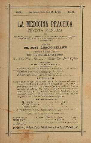 'La Medicina práctica revista mensual de medicina, cirugía, farmacia y defensora de los intereses profesionales de la clase médica y farmacéutica' - Año VIII Número 89 - 1909 julio 15