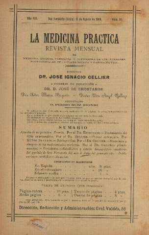 'La Medicina práctica revista mensual de medicina, cirugía, farmacia y defensora de los intereses profesionales de la clase médica y farmacéutica' - Año VIII Número 90 - 1909 agosto 15