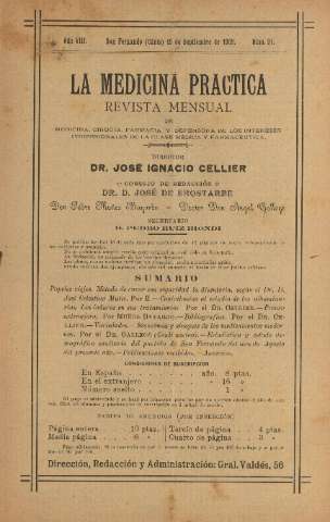 'La Medicina práctica revista mensual de medicina, cirugía, farmacia y defensora de los intereses profesionales de la clase médica y farmacéutica' - Año VIII Número 91 - 1909 septiembre 15