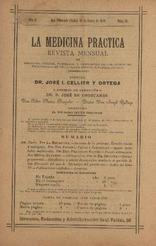 'La Medicina práctica revista mensual de medicina, cirugía, farmacia y defensora de los intereses profesionales de la clase médica y farmacéutica' - Año IX Número 95 - 1910 enero 15