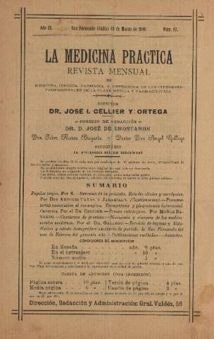 'La Medicina práctica revista mensual de medicina, cirugía, farmacia y defensora de los intereses profesionales de la clase médica y farmacéutica' - Año IX Número 97 - 1910 marzo 15