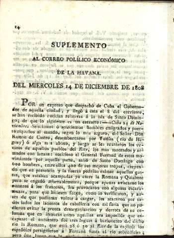'Aurora : Correo político-económico de La Habana' - Número suplemento - 1808 diciembre 14