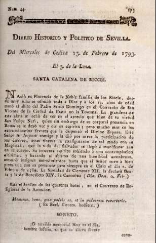 'Diario histórico y político de Sevilla' - Número 44 - 1793 febrero 13