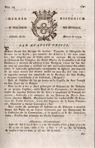 'Diario histórico y político de Sevilla' - Número 74 - 1793 marzo 16