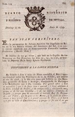 'Diario histórico y político de Sevilla' - Número 174 - 1793 junio 23